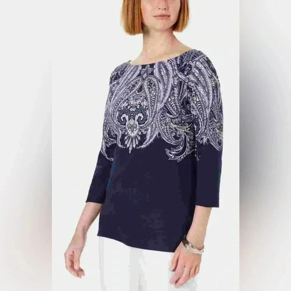Karen Scott Tops - Karen Scott Women's Lile Paisley Boat-Neck Top Navy